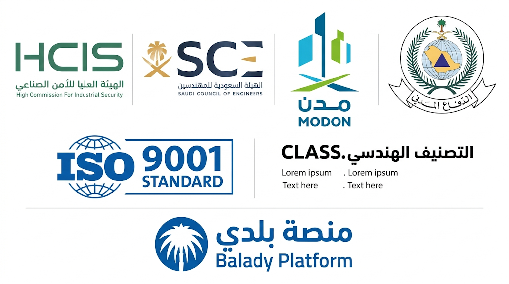 شعارات الجهات المعتمدة: HCIS، SCE، MODON، الدفاع المدني، ISO 9001، التصنيف الهندسي، منصة بلدي
